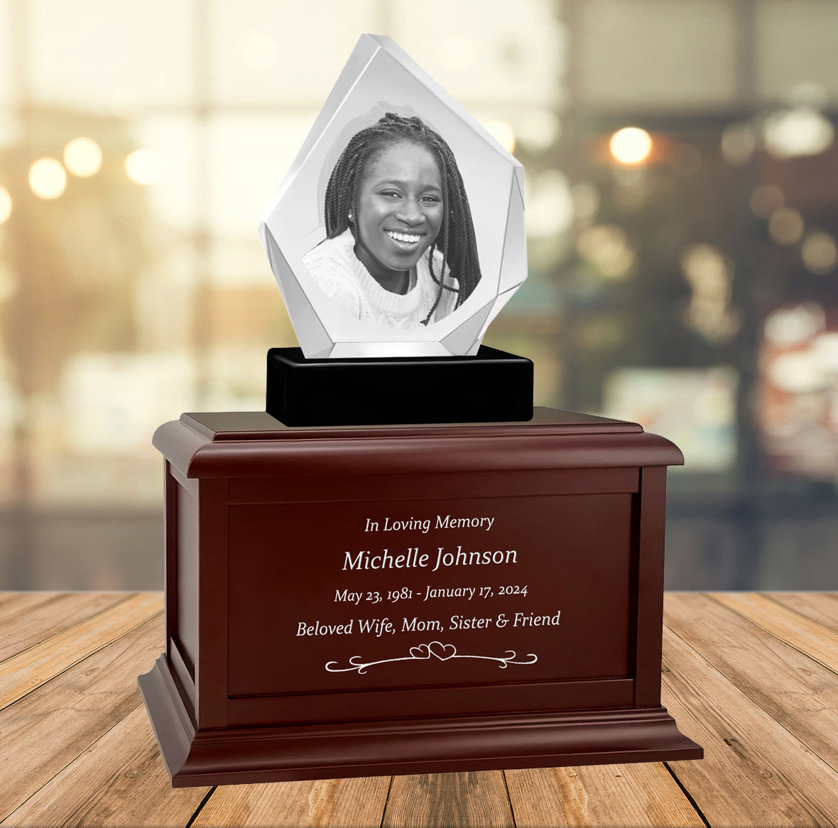 Diamond 3D Crystal Black, Brown or White Keep The Memory® Wood Urn Set - 3D Crystal Photo Engraved Wood Urn