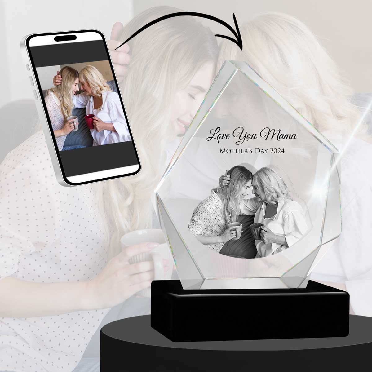 3D Crystal Large Diamond Photo - Engraving & Light Base Options