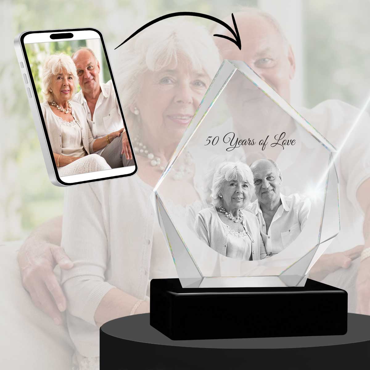 3D Crystal Large Diamond Photo - Engraving & Light Base Options