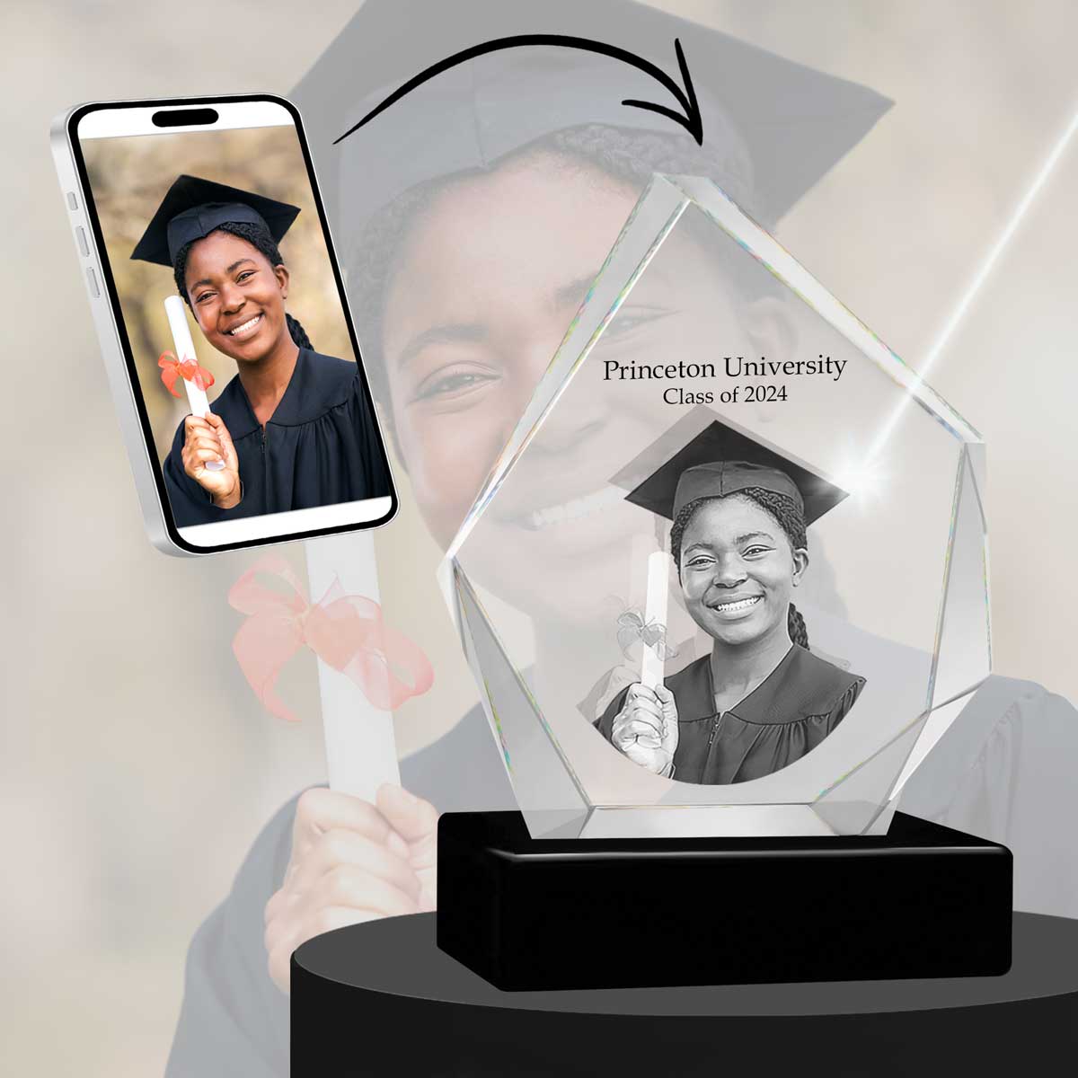 3D Crystal Large Diamond Photo - Engraving & Light Base Options