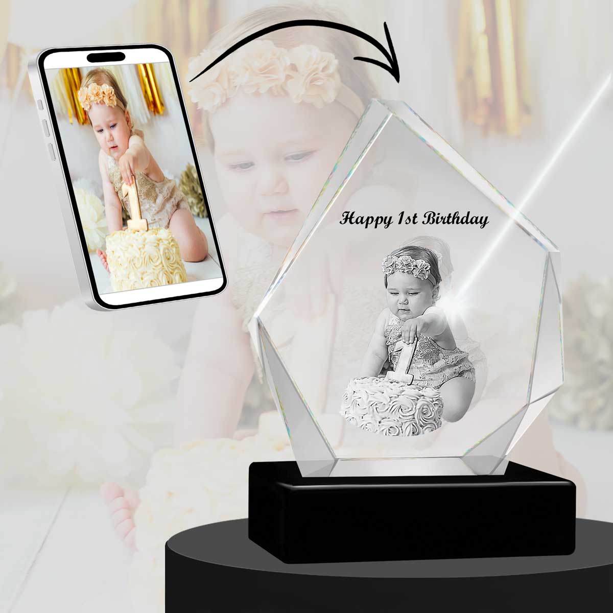 3D Crystal Large Diamond Photo - Engraving & Light Base Options