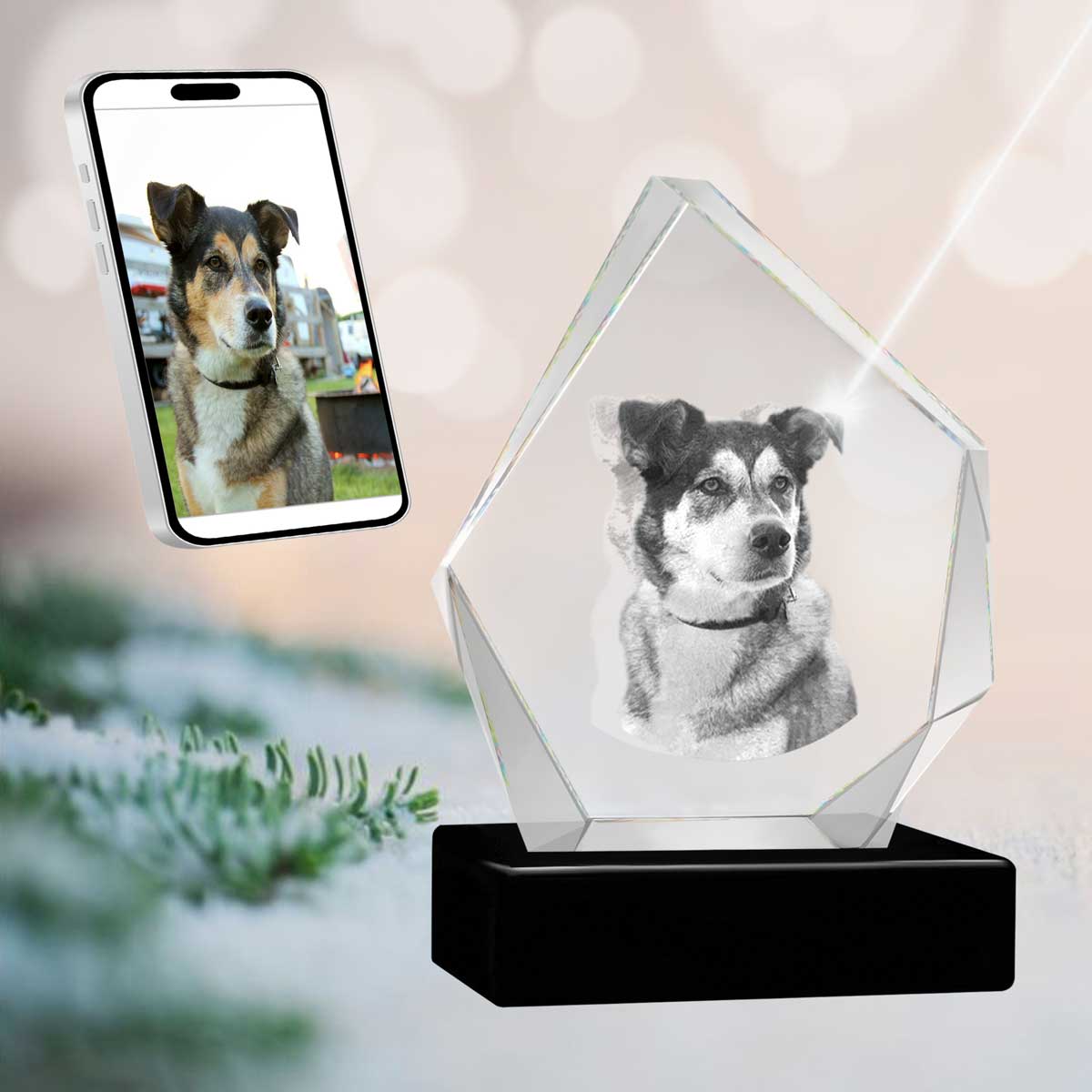 3D Crystal Large Diamond Photo - Engraving & Light Base Options