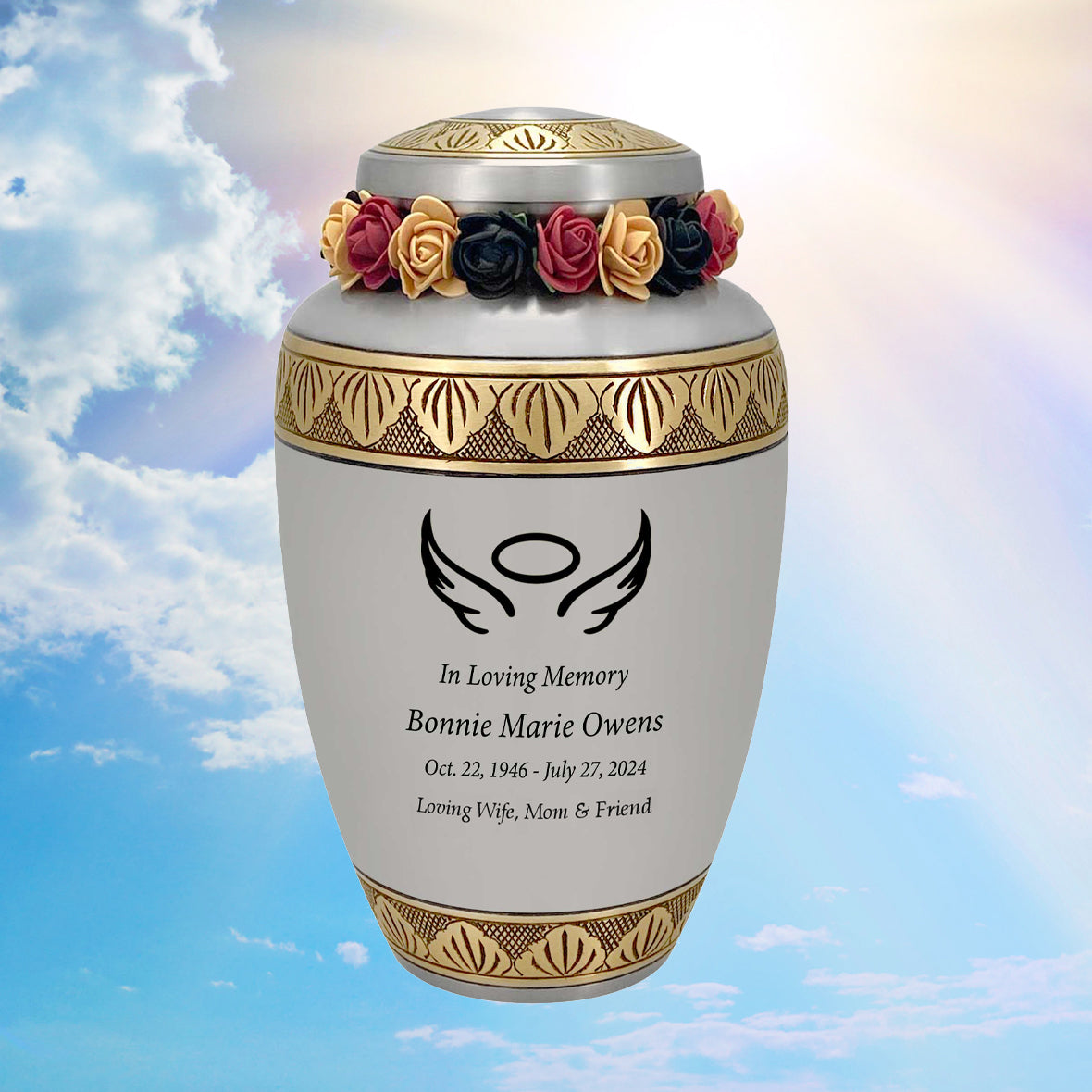 Dignity Angel Pewter Adult Cremation Urn - Tribute Wreath™ - Pro Diamond Engraving