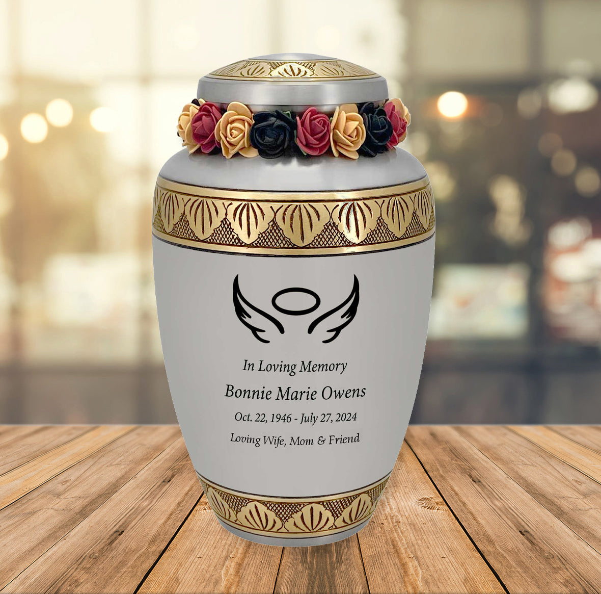 Dignity Angel Pewter Adult Cremation Urn - Tribute Wreath™ - Pro Diamond Engraving