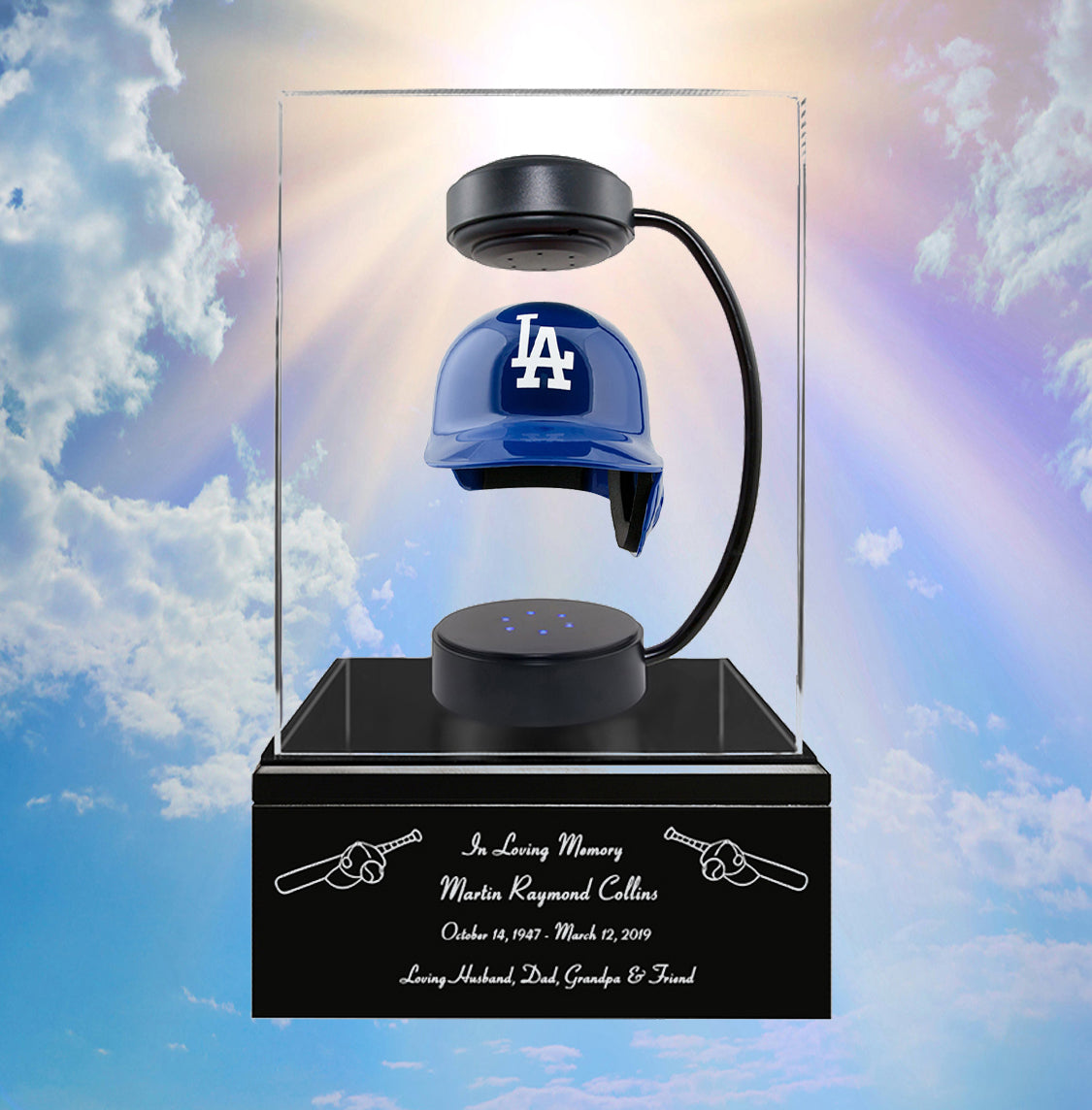 Baseball Cremation Urn & Los Angeles Dodgers Hover Helmet Décor