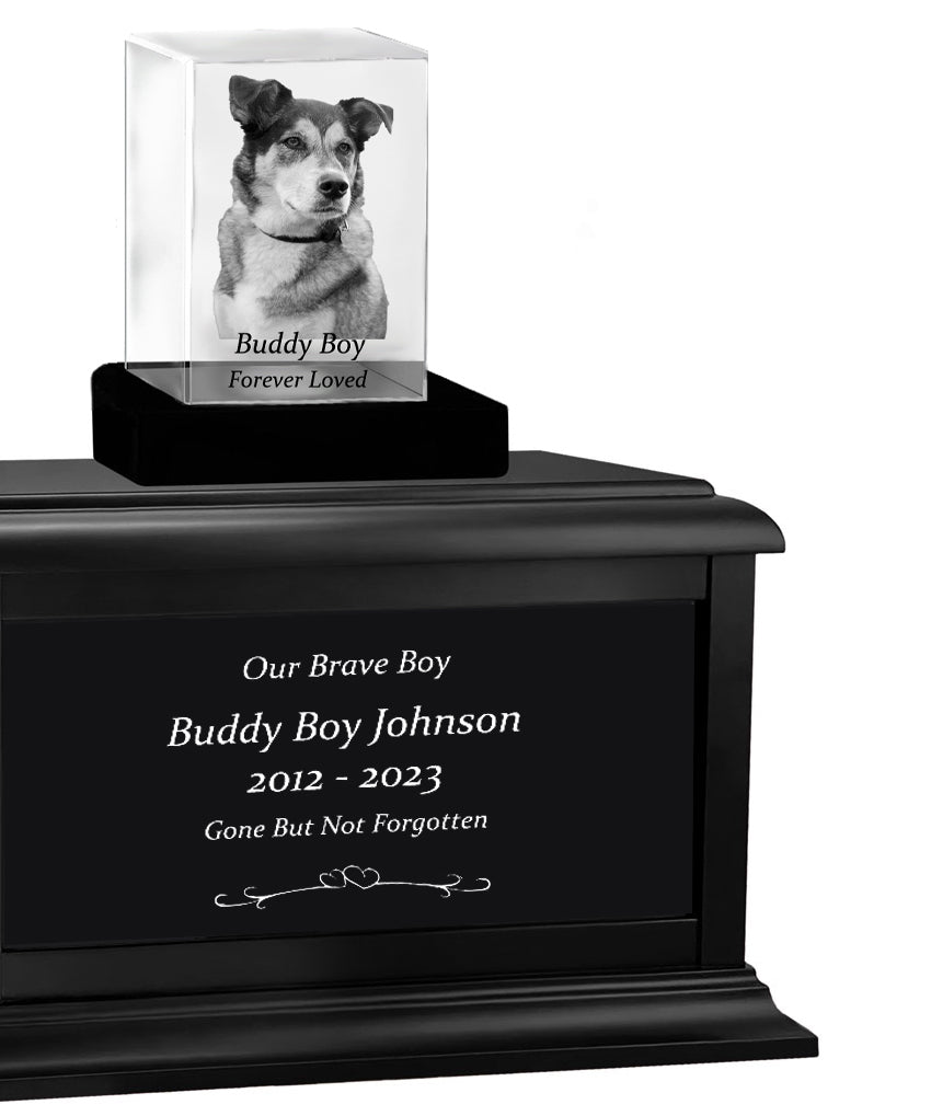 Dog Memorial Urn & Crystal Rectangle Set - Pet Cremation Crystal Urn