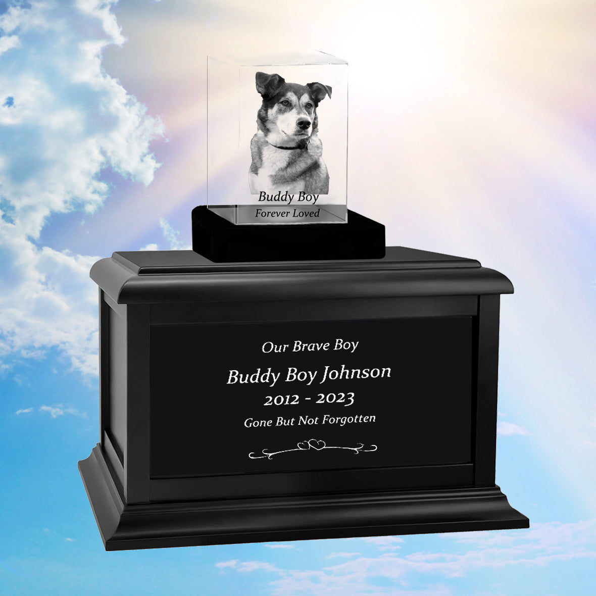 Dog Memorial Urn & Crystal Rectangle Set - Pet Cremation Crystal Urn
