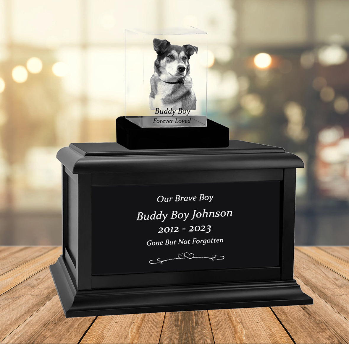 Dog Memorial Urn & Crystal Rectangle Set - Pet Cremation Crystal Urn
