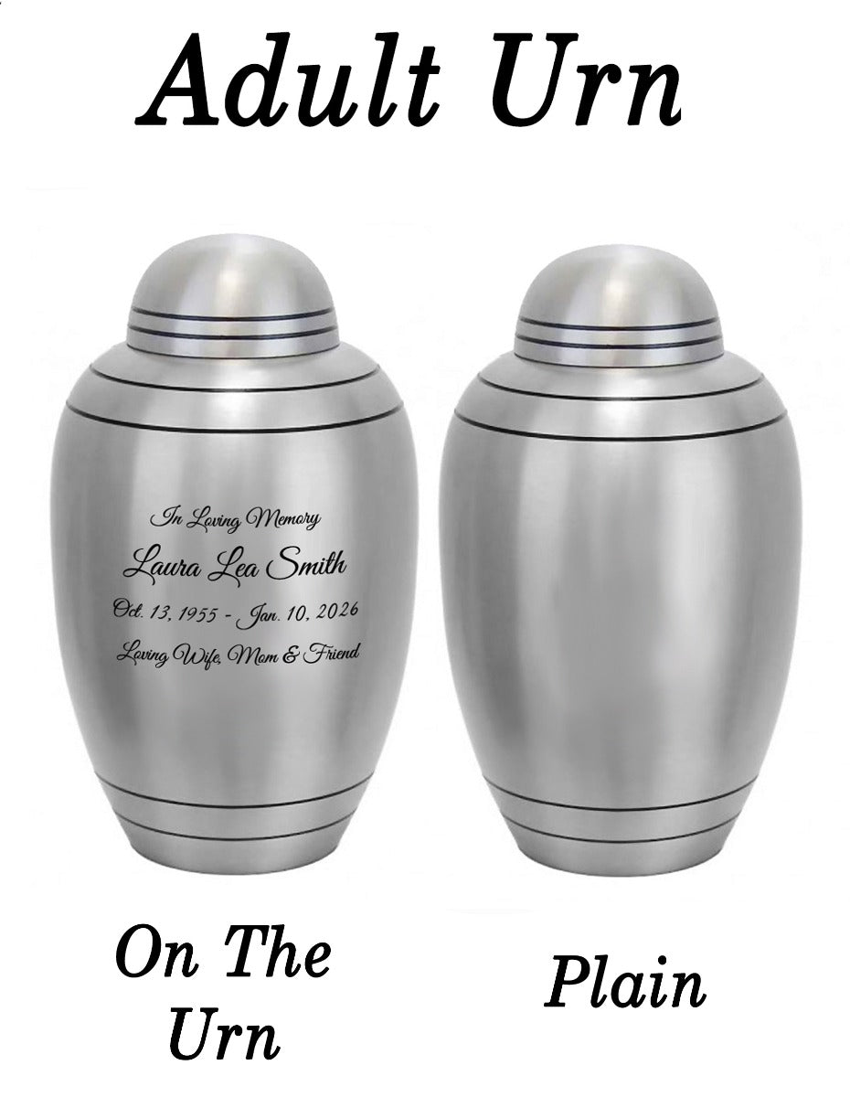 Free Cremation Adult Urn - Shipping Fee Required - Choose Urn Engraving - Burial Vault Option 