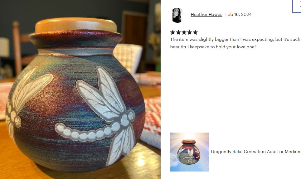 Dragonfly Raku Cremation Adult or Medium Urn - Personalization Option
