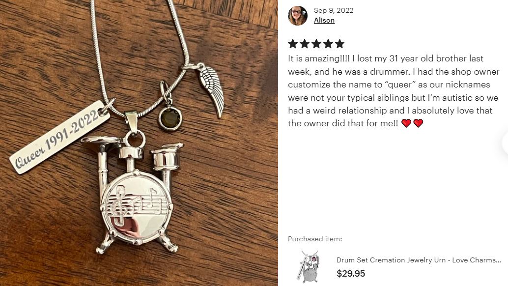 Drum Set Cremation Jewelry Urn - Love Charms™ Option
