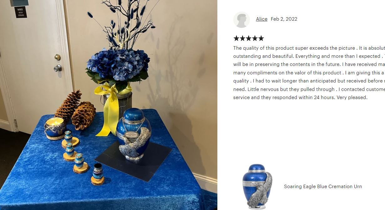 Soaring Eagle Blue Adult Urn - Pro Laser Engraving - Burial Vault Option