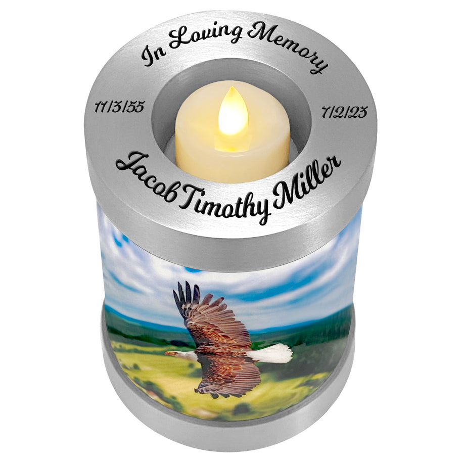 Eagle In Flight Candle Cremation Urn - Engraving Available - LED Candle Included