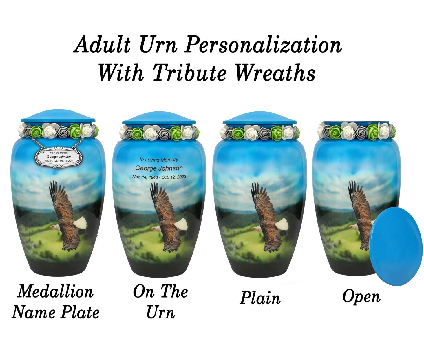 Eagle In Flight Medium or Adult Cremation Urn - Tribute Wreath™ - Pro Personalization - Burial Vault Option