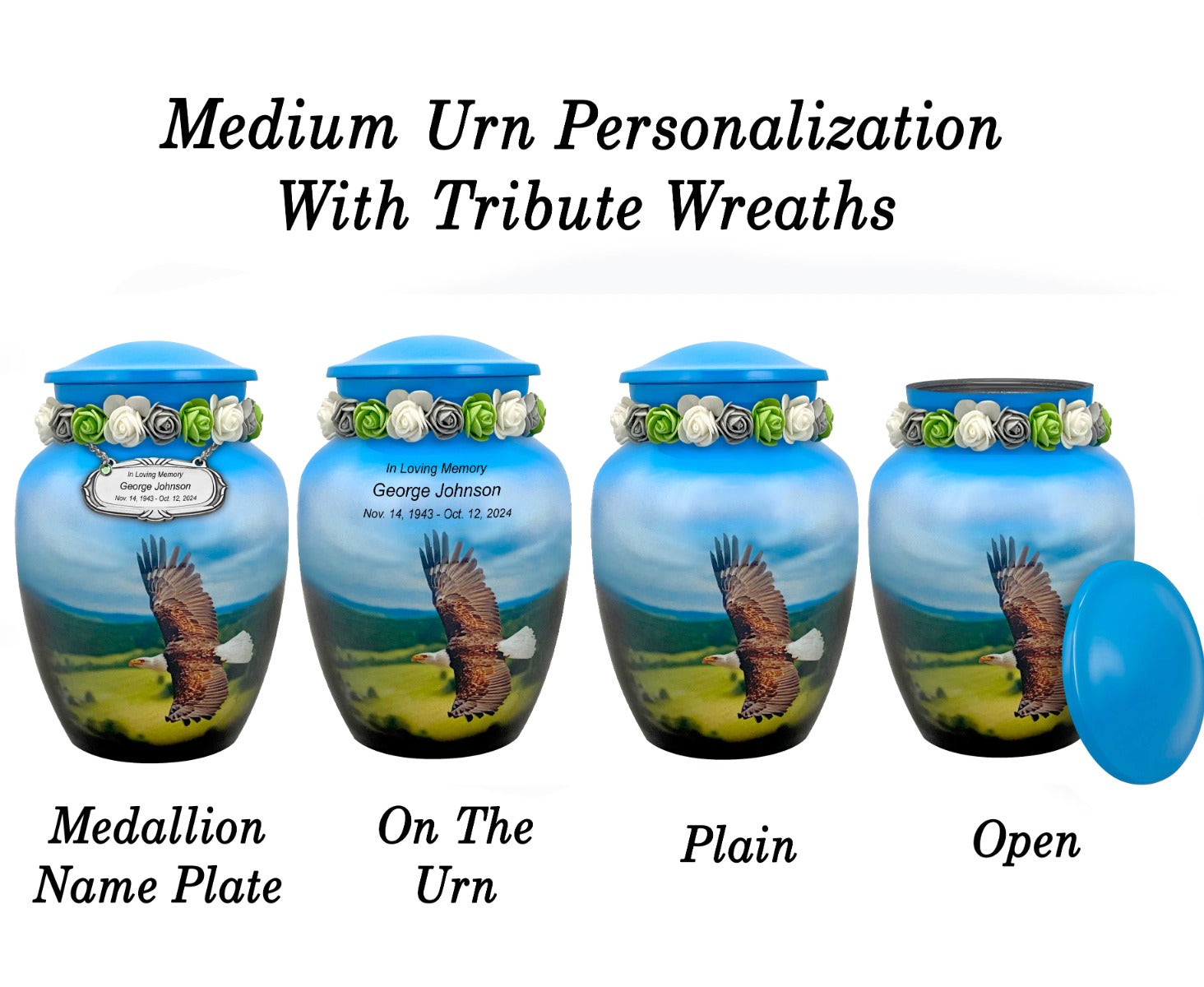 Eagle In Flight Medium or Adult Cremation Urn - Tribute Wreath™ - Pro Personalization - Burial Vault Option