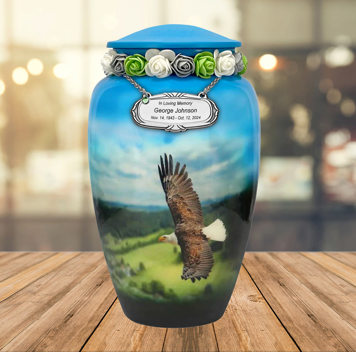 Eagle In Flight Medium or Adult Cremation Urn - Tribute Wreath™ - Pro Personalization - Burial Vault Option