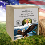 American Eagle Pine Box Photo Urn - Made in USA - Adult Cremation Wood Urn
