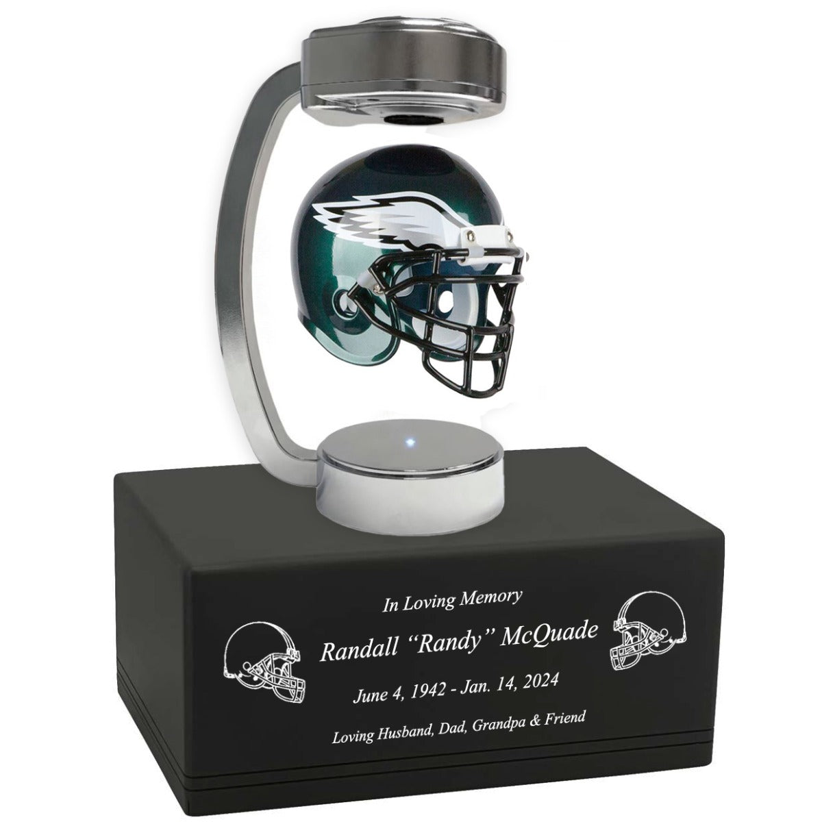 Football Adult or Medium Cremation Urn & Philadelphia Eagles Hover Helmet Décor - Free Engraving