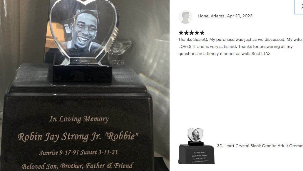3D Heart Crystal Black Granite Large Adult Cremation Urn