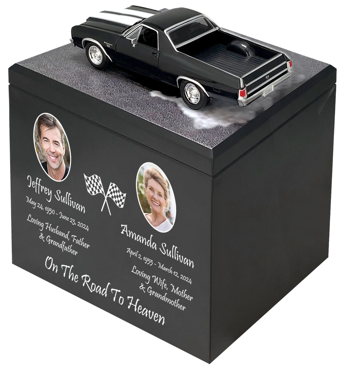 Race Track Companion Cremation Urn & 1970 Black Chevrolet El Camino SS Décor - With Photos