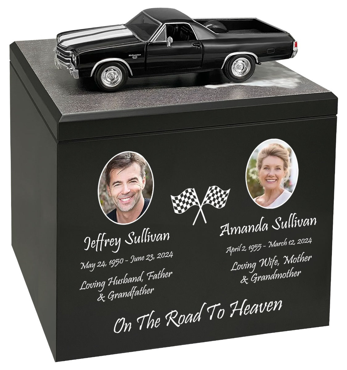 Race Track Companion Cremation Urn & 1970 Black Chevrolet El Camino SS Décor - With Photos