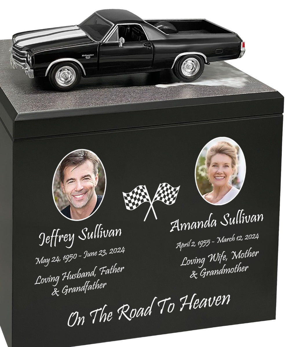 Race Track Companion Cremation Urn & 1970 Black Chevrolet El Camino SS Décor - With Photos