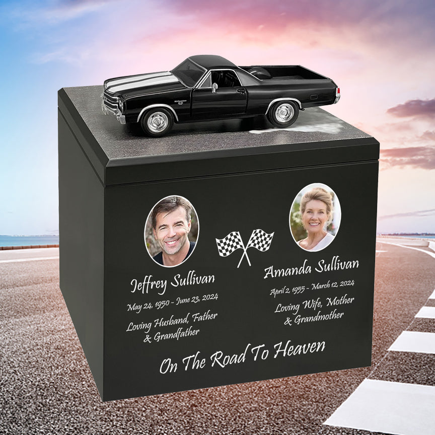 Race Track Companion Cremation Urn & 1970 Black Chevrolet El Camino SS Décor - With Photos