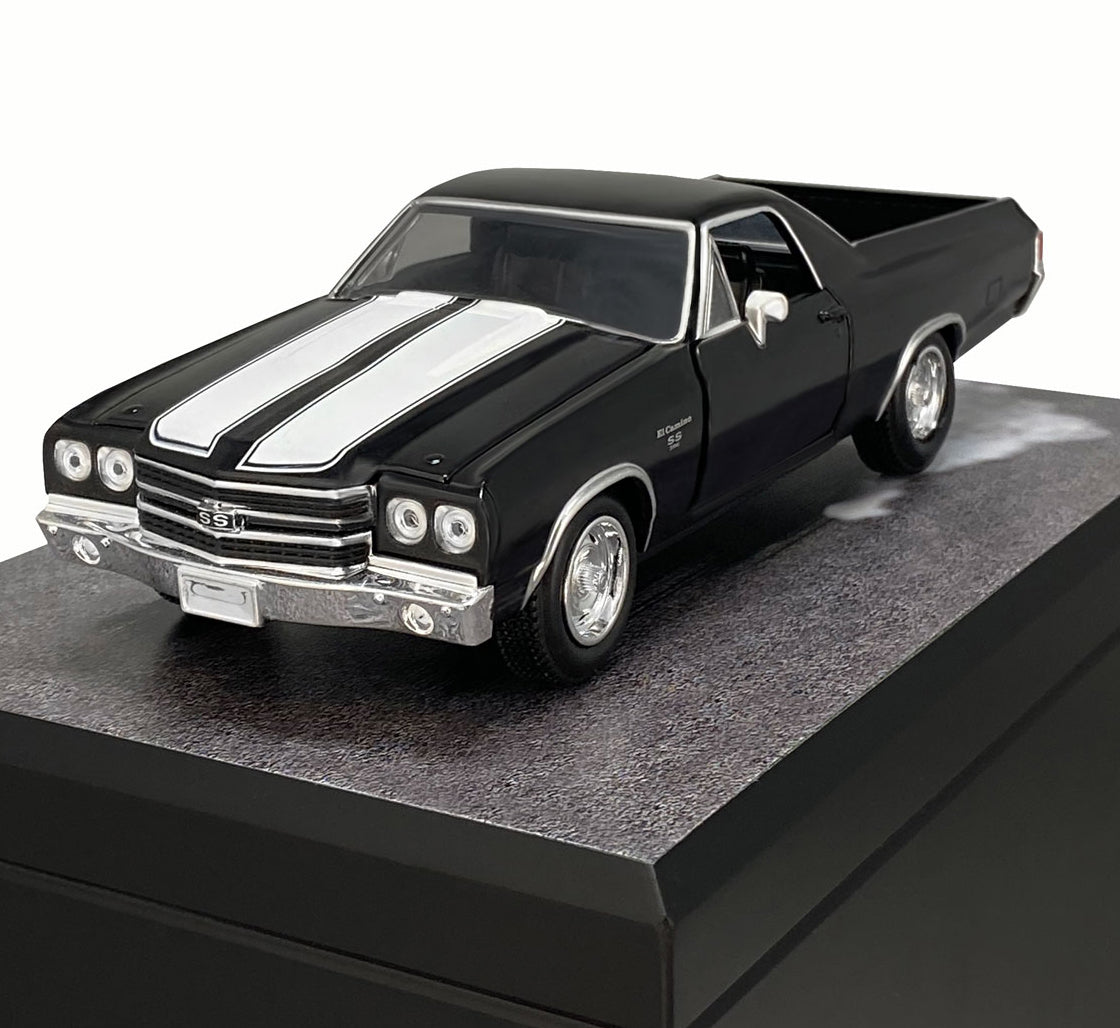 Race Track Companion Cremation Urn & 1970 Black Chevrolet El Camino SS Décor - With Photos