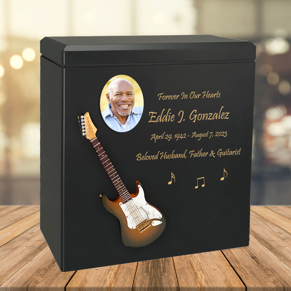 Electric Brown Guitar Wood Adult Cremation Urn - Miniature Guitar - Photo Option