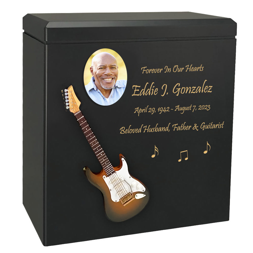 Electric Brown Guitar Wood Adult Cremation Urn - Miniature Guitar - Photo Option