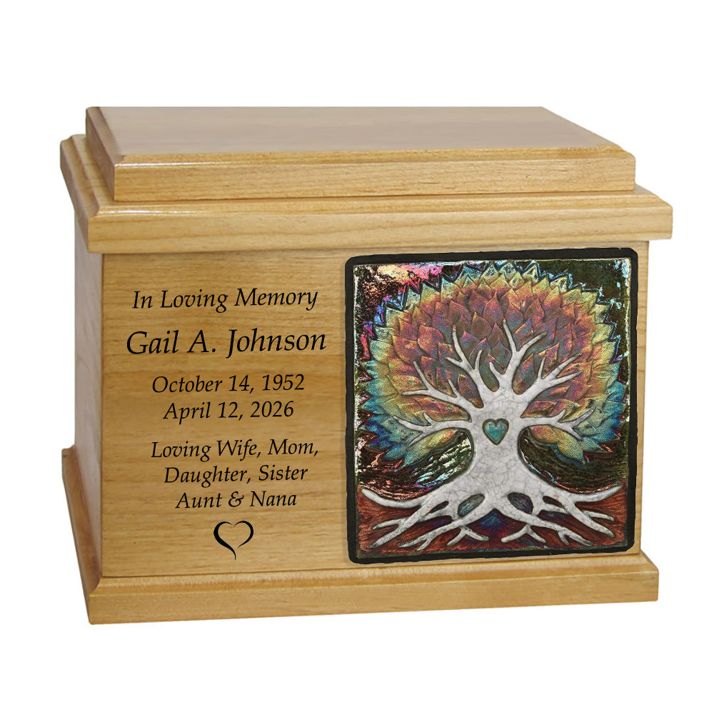 Oak Wood Raku Tile Adult Cremation Urns - Free Engraving