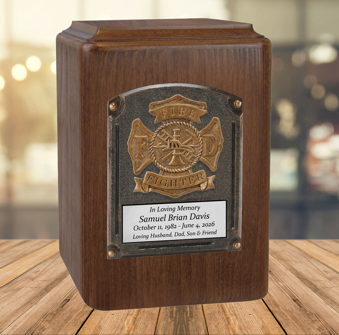 Major Sports & Fire Fighter Plaque Adult Wood Cremation Urns - Free Engraving