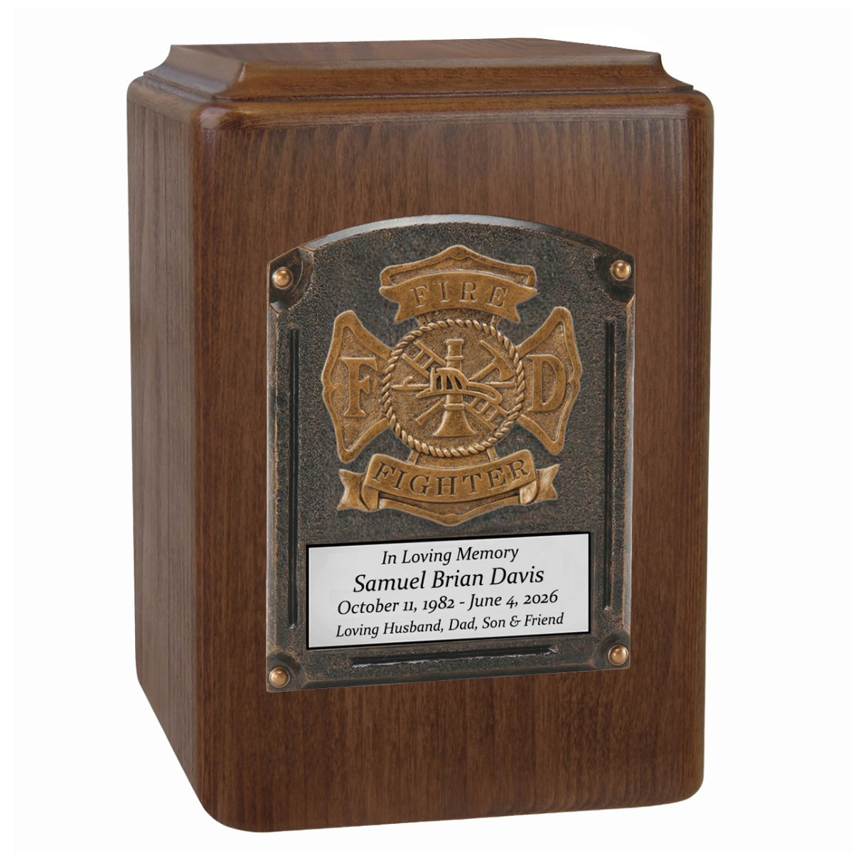 Major Sports & Fire Fighter Plaque Adult Wood Cremation Urns - Free Engraving