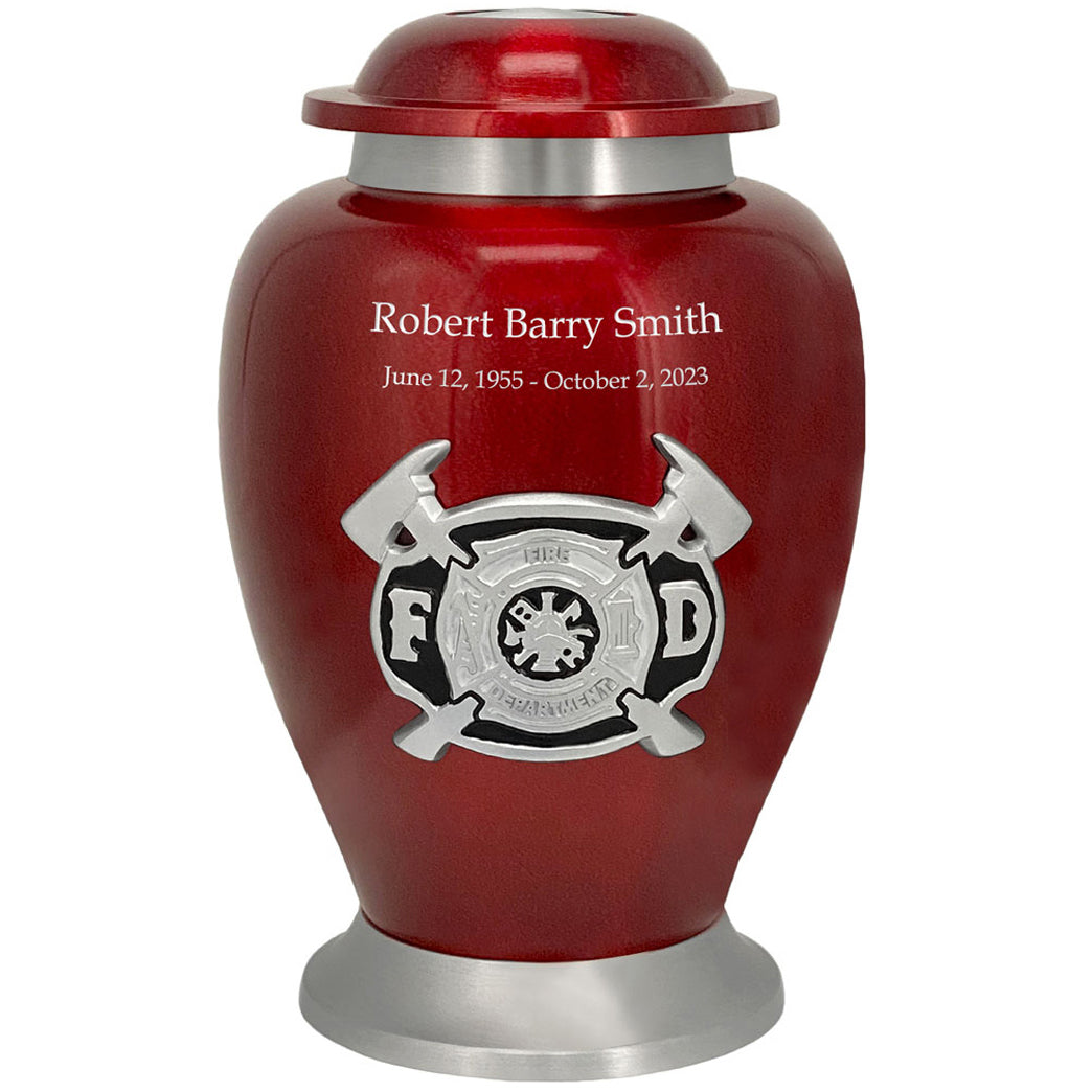 Firefighter Red & Pewter Urn - Pro Diamond Engraving - Burial Vault Option