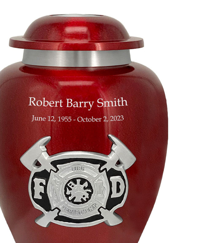 Firefighter Red & Pewter Urn - Pro Diamond Engraving - Burial Vault Option