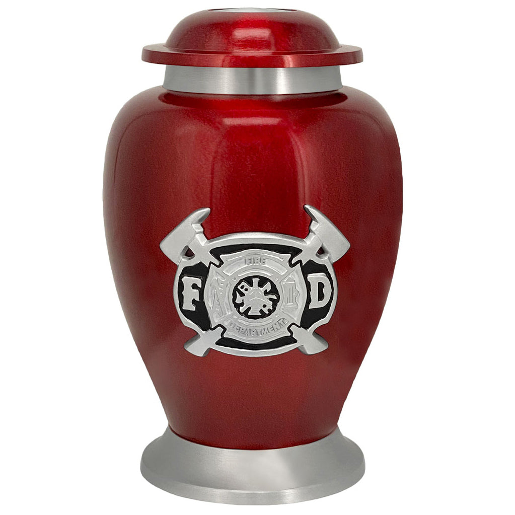 Firefighter Red & Pewter Urn - Pro Diamond Engraving - Burial Vault Option