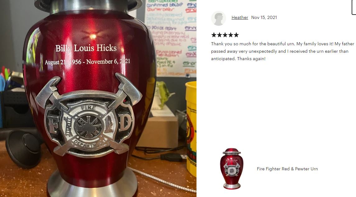 Firefighter Red & Pewter Urn - Pro Diamond Engraving - Burial Vault Option