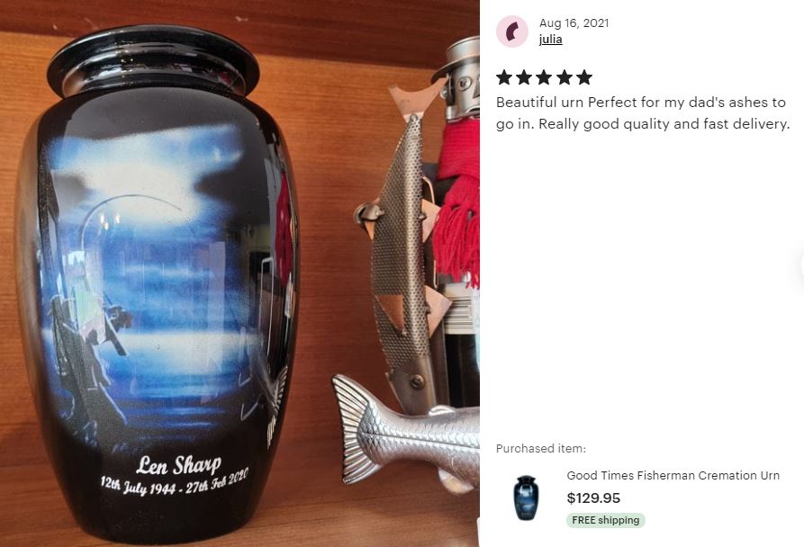 Fisherman Silhouette Medium or Adult Cremation Urn - Tribute Wreath™ - Pro Personalization - Burial Vault Option