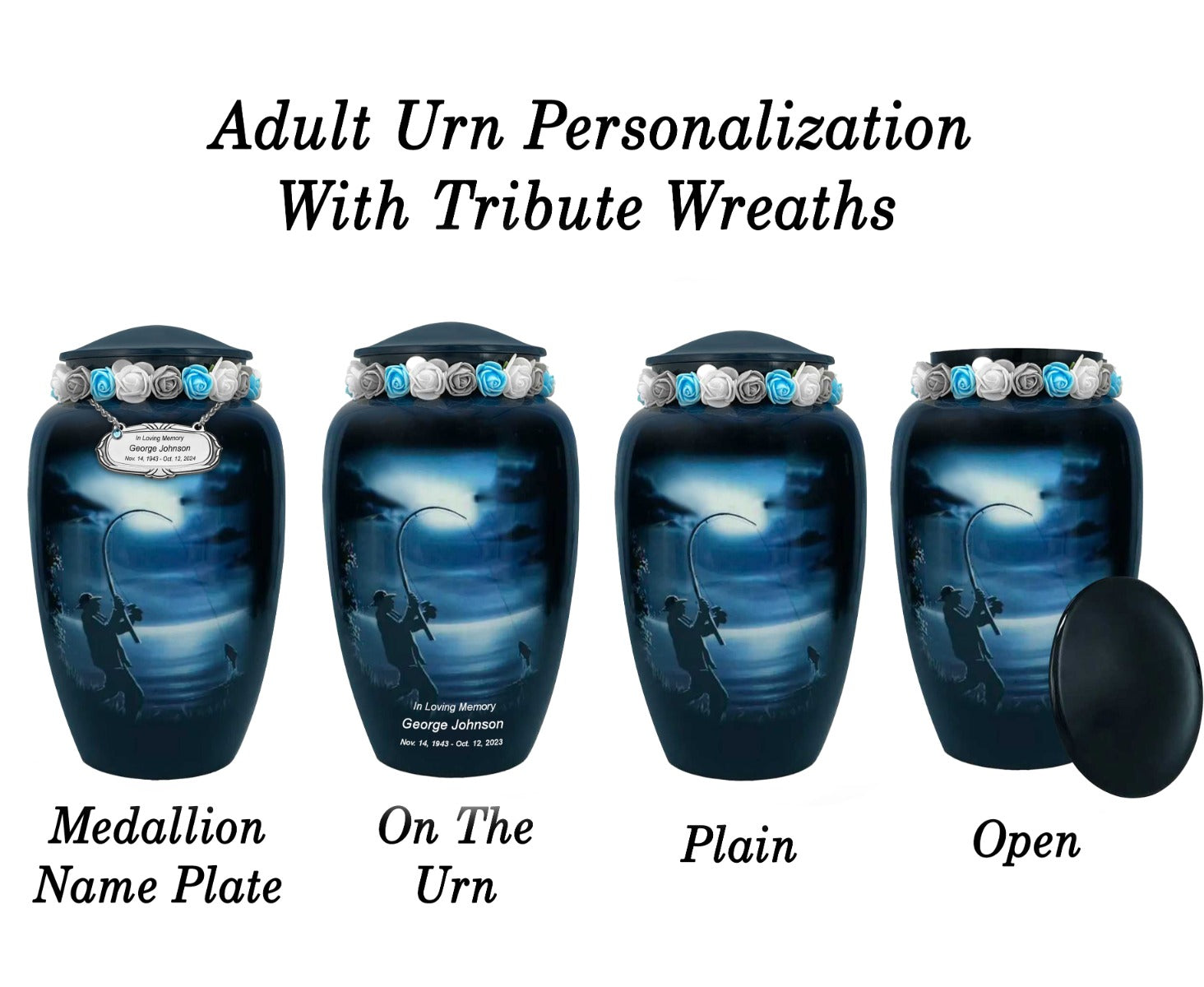 Fisherman Silhouette Medium or Adult Cremation Urn - Tribute Wreath™ - Pro Personalization - Burial Vault Option