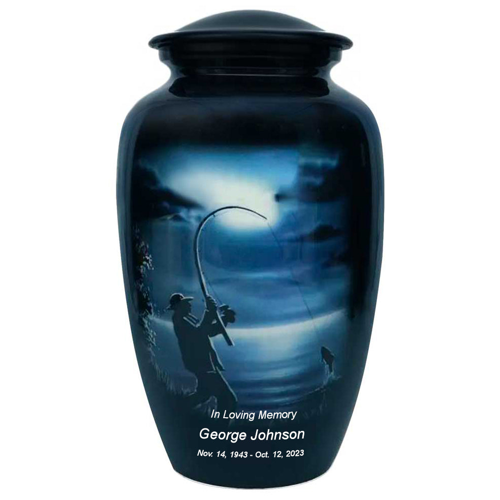 Fisherman Silhouette Medium or Adult Cremation Urn - Tribute Wreath™ - Pro Personalization - Burial Vault Option