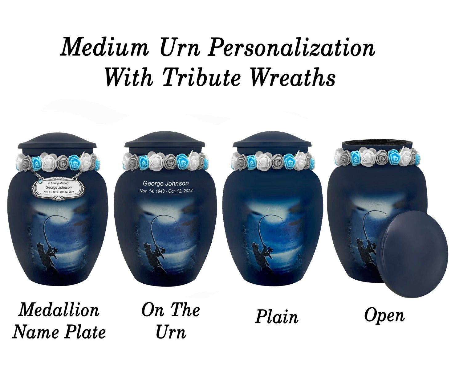 Fisherman Silhouette Medium or Adult Cremation Urn - Tribute Wreath™ - Pro Personalization - Burial Vault Option