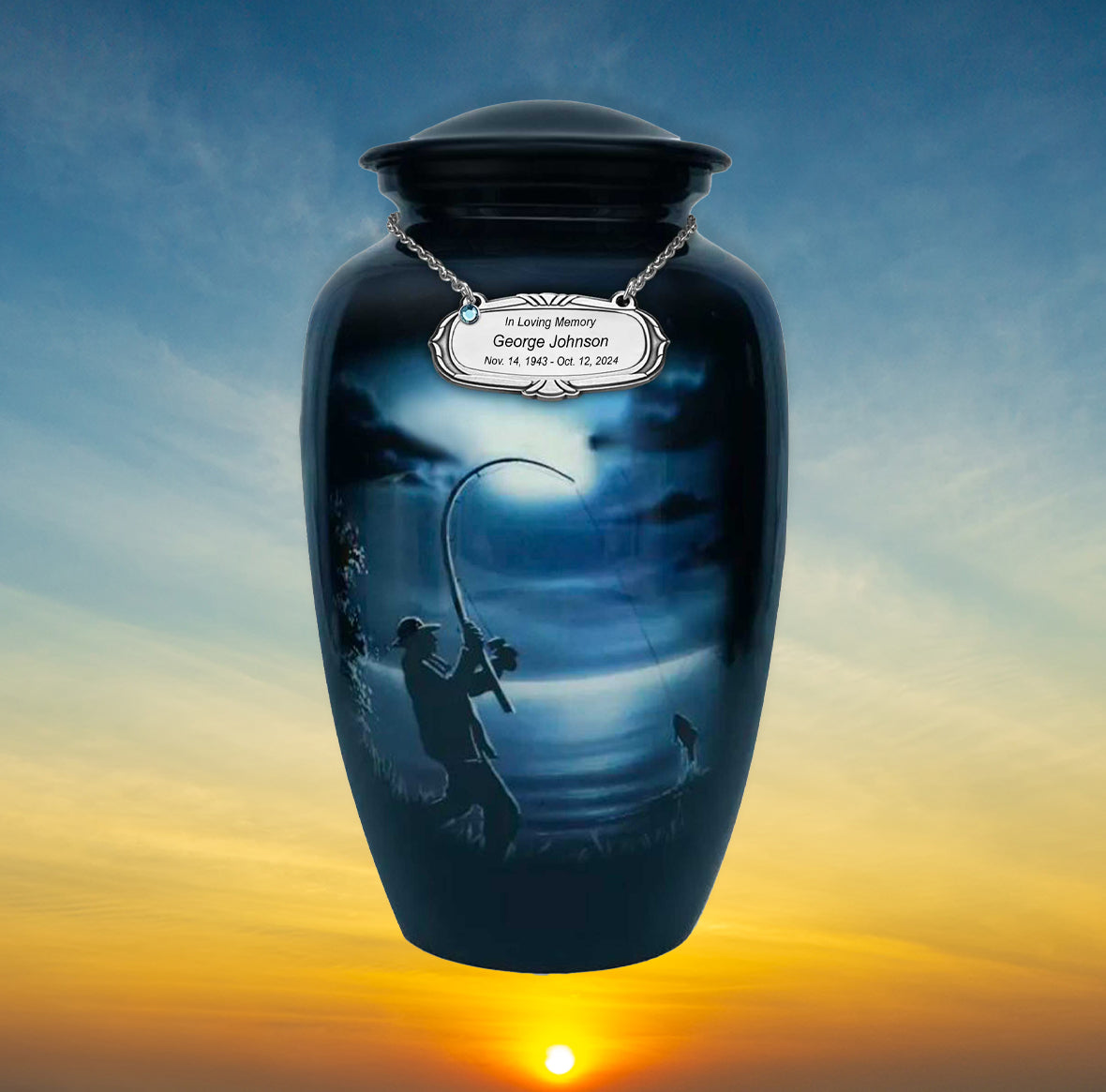 Fisherman Silhouette Medium or Adult Cremation Urn - Tribute Wreath™ - Pro Personalization - Burial Vault Option
