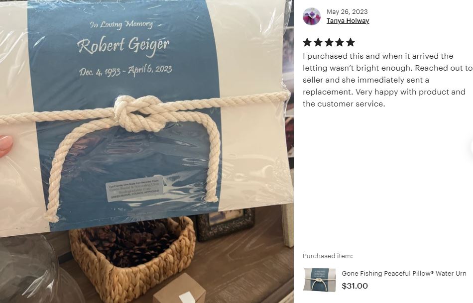 Fisherman Peaceful Pillow® Water Burial Cremation Urn - Biodegradable Burial At Sea Urn - Wide River Urn
