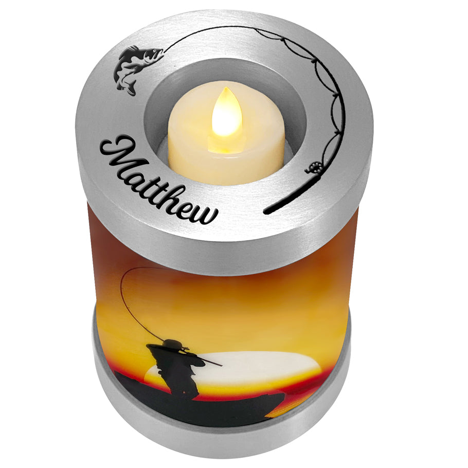 Lake Fishing Candle Cremation Urn - Casting Fishing Urn - Engraving Available - LED Candle Included
