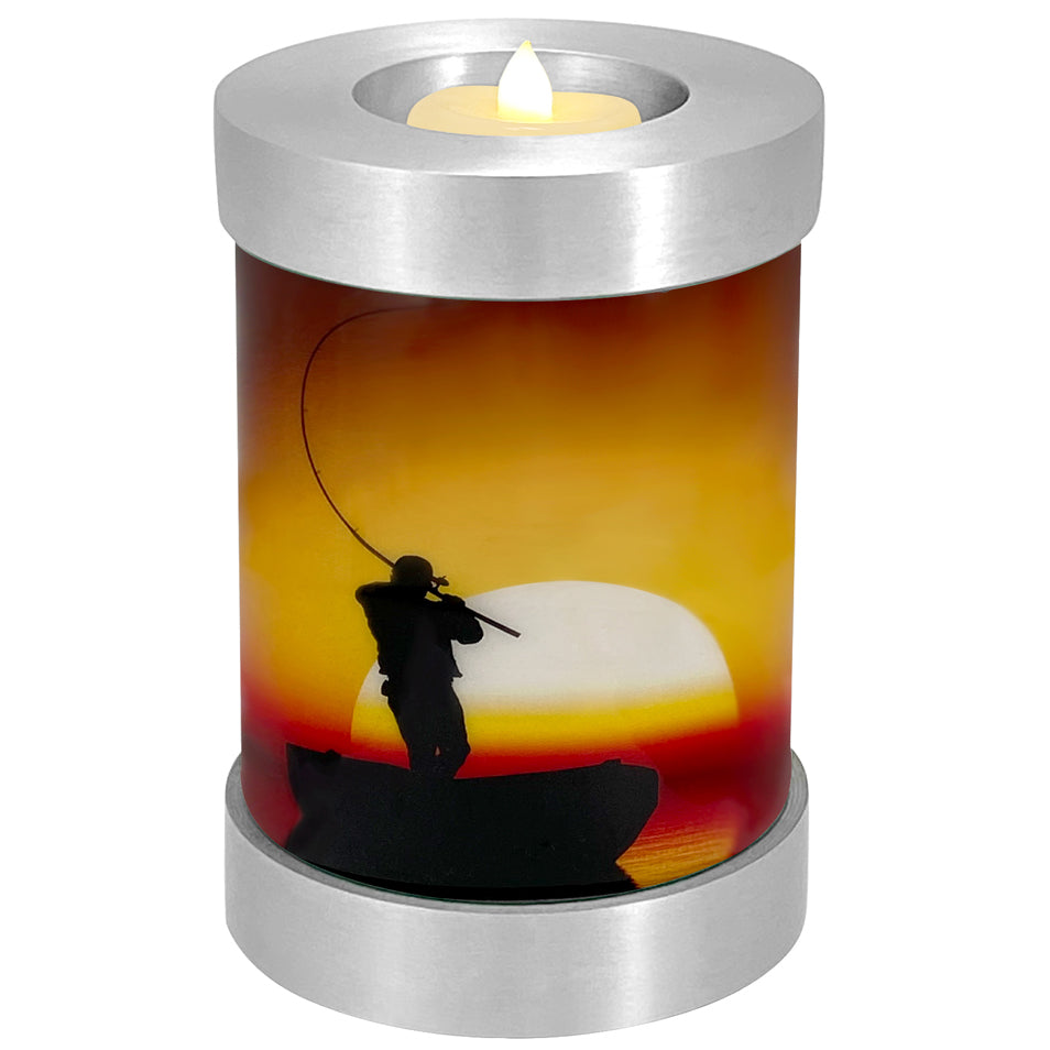 Lake Fishing Candle Cremation Urn - Casting Fishing Urn - Engraving Available - LED Candle Included