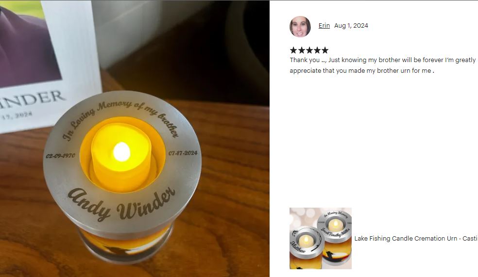 Lake Fishing Candle Cremation Urn - Casting Fishing Urn - Engraving Available - LED Candle Included