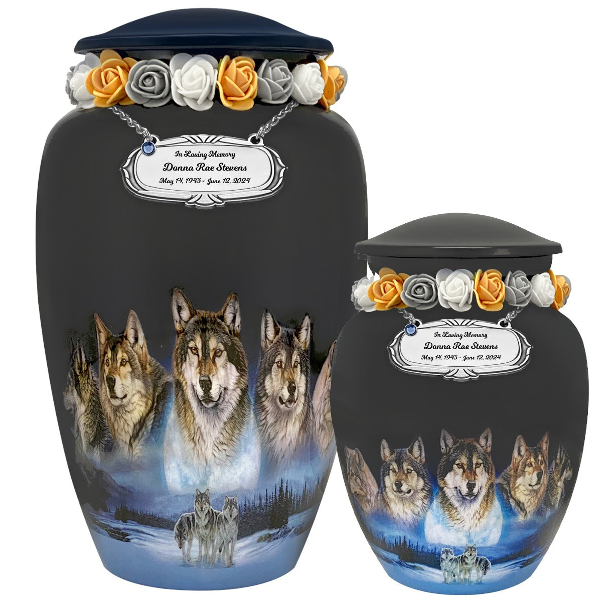 Five Wolves Moon Medium or Adult Cremation Urn - Tribute Wreath™ - Pro Personalization - Burial Vault Option 