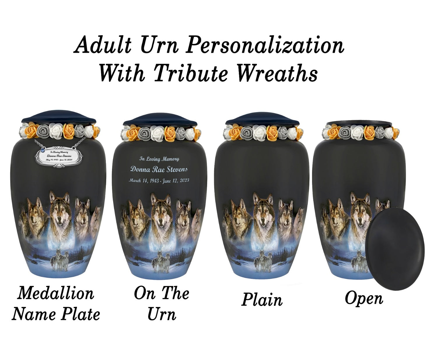 Five Wolves Moon Medium or Adult Cremation Urn - Tribute Wreath™ - Pro Personalization - Burial Vault Option 