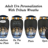 Five Wolves Moon Medium or Adult Cremation Urn - Tribute Wreath™ - Pro Personalization - Burial Vault Option 