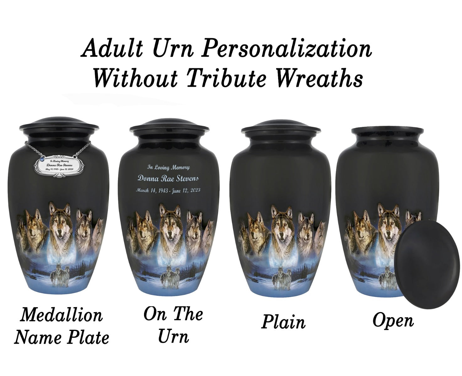 Five Wolves Moon Medium or Adult Cremation Urn - Tribute Wreath™ - Pro Personalization - Burial Vault Option 